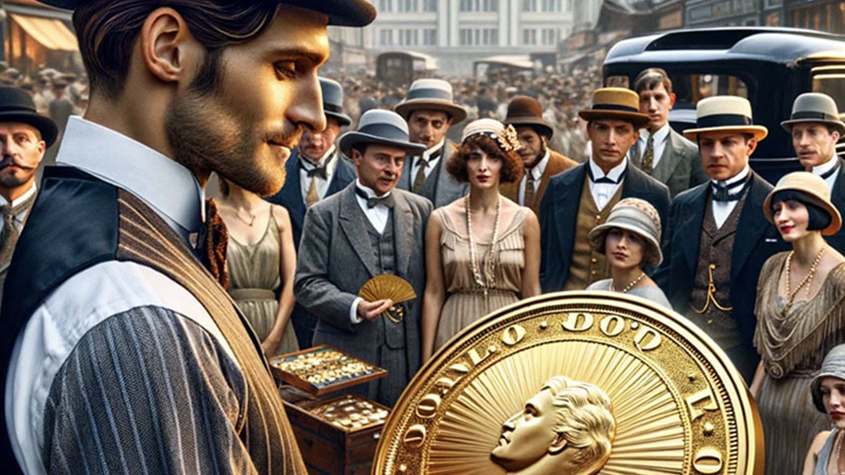 Man holding a large gold coin surrounded by spectators